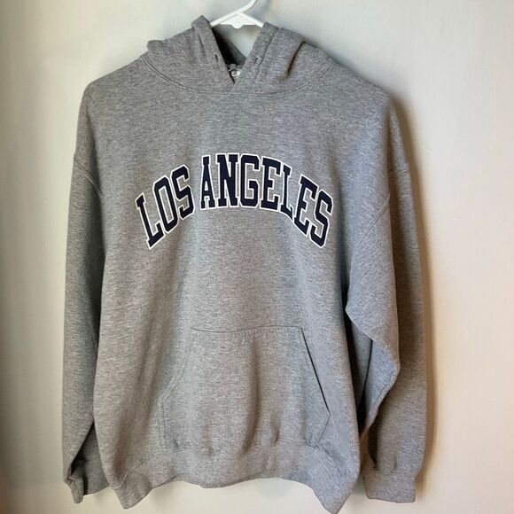 Vintage Los Angeles Pullover Hoodie by Gildan. Grey with navy. Medium - Picture 3 of 12